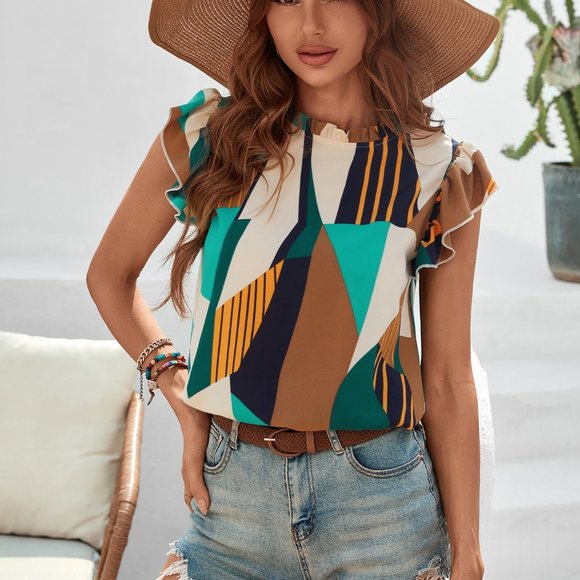 New Mock Neck Lettuce Trim Ruffle Blouse Colorblock - Picture 7 of 7